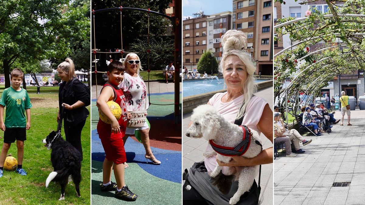 Por la izquierda, Ismael Sena, con su madre María Alejandra De Lera y el perro "Benito", en una de las zonas verdes del parque de la Fábrica de Gas; Mateo Fernández y Choni García, junto a los juegos infantiles. Puri Carbajo, con "Pipo", delante del estanque y un área de descanso del parque, con varios bancos.