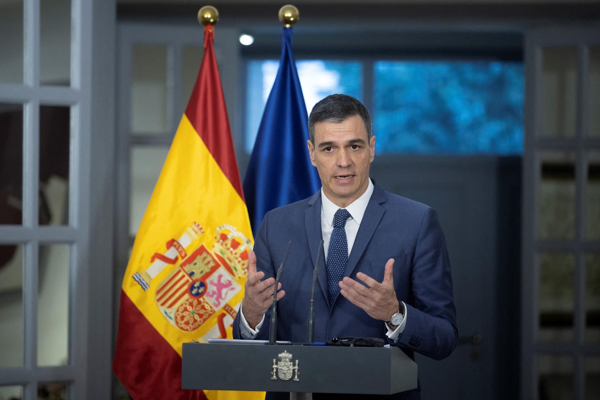 Spanish Prime Minister Pedro Sanchez attends a news conference at the Spanish embassy in Beijing