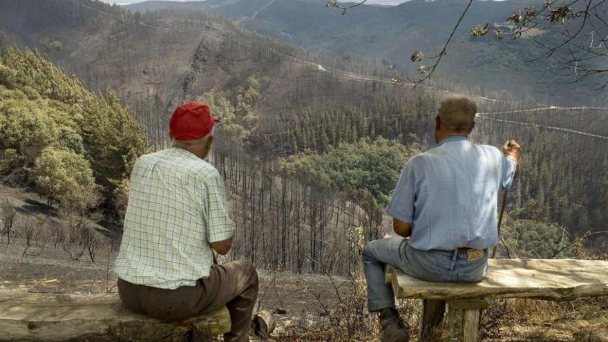 Dos vecinos observan las hectáreas calcinadas por las llamas en un incendio en Navia de Suarna el pasado julio.