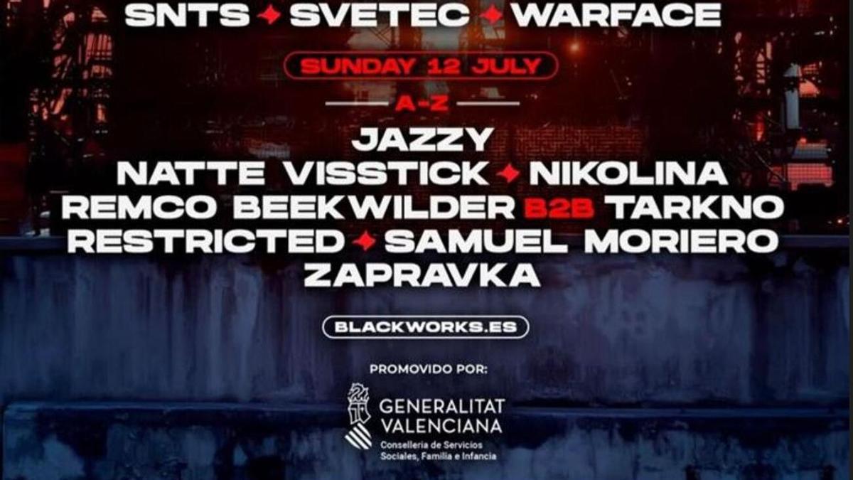 Cartel del festival Blackworks con el logo de la Generalitat y el nombre de la conselleria de Servicios Sociales, Familia e Infancia como promotora.
