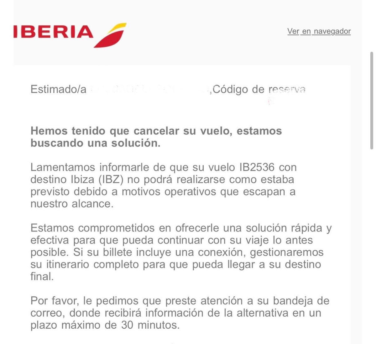Mail de la cancelación del vuelo
