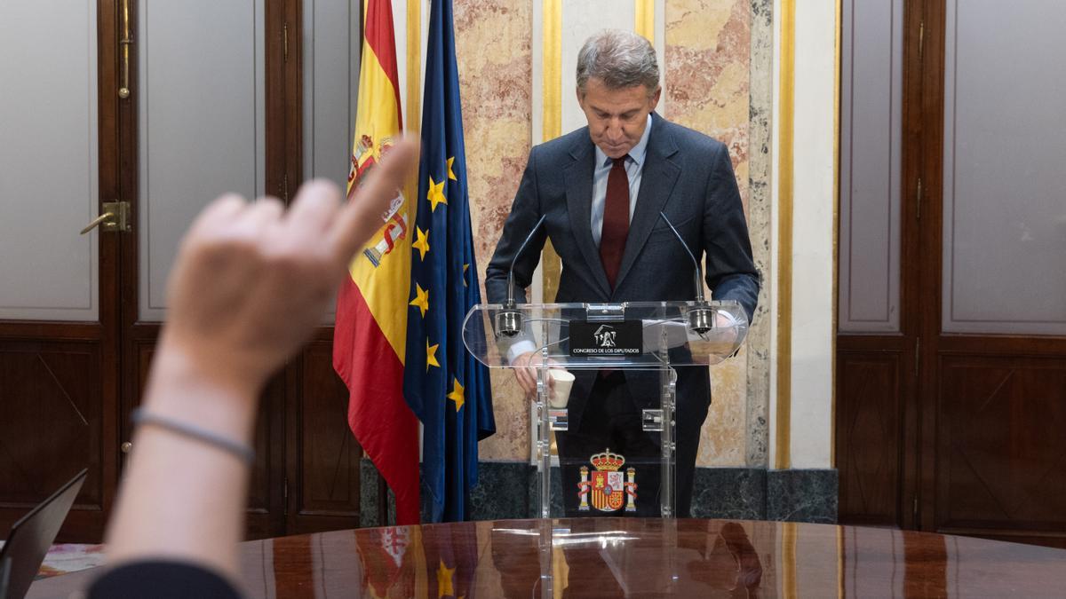 El presidente del Partido Popular, Alberto Núñez Feijóo, durante una comparecencia en el Congreso de los Diputados.