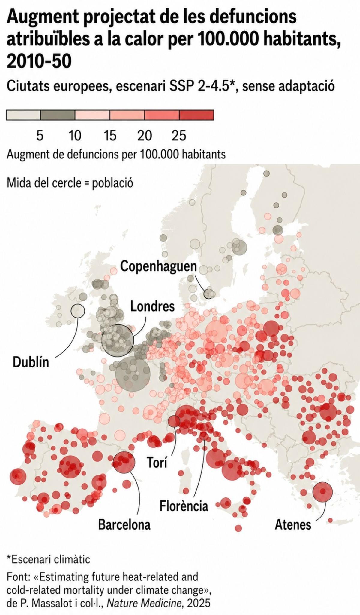 Augment projectat de les defuncions atribuïbles a la calor per 100.000 habitants, 2010-50
