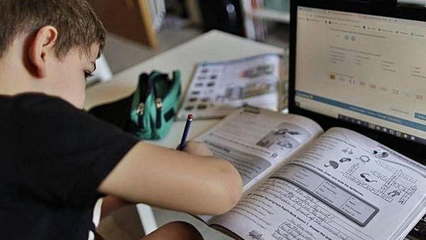 Un alumne de primària fent deures amb un llibre i un ordinador.