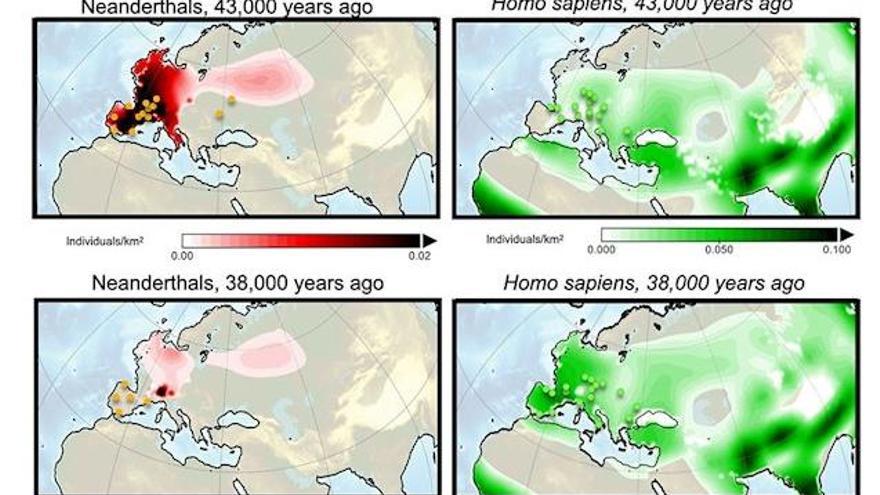 Simulaciones de cambios en la densidad de poblaciÃ³n de Homo sapiens y Neandertales.