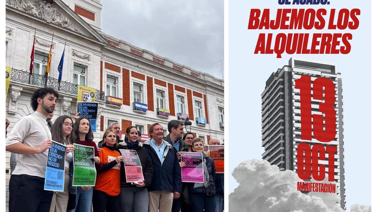 A la izquierda, representantes de los colectivos organizadores de la marcha. A la derecha, el cartel elaborado por el Sindicato de Inquilinas.