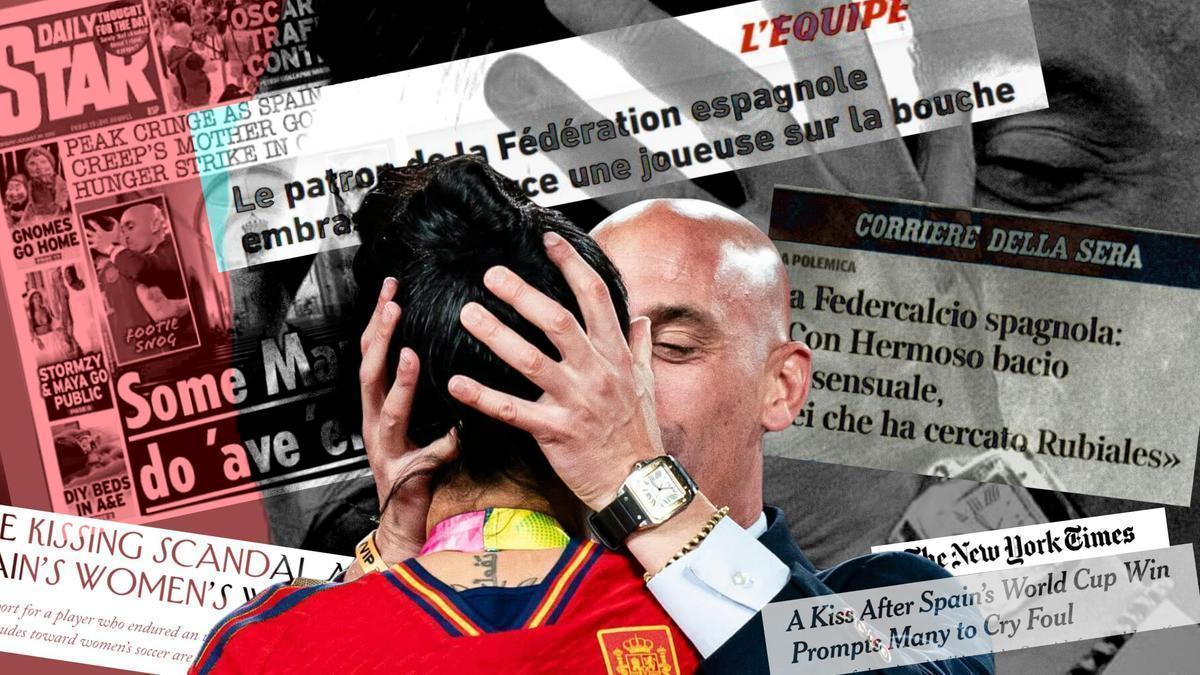 Imagen del beso de Rubiales a Hermoso, con algunas de las noticias internacionales.