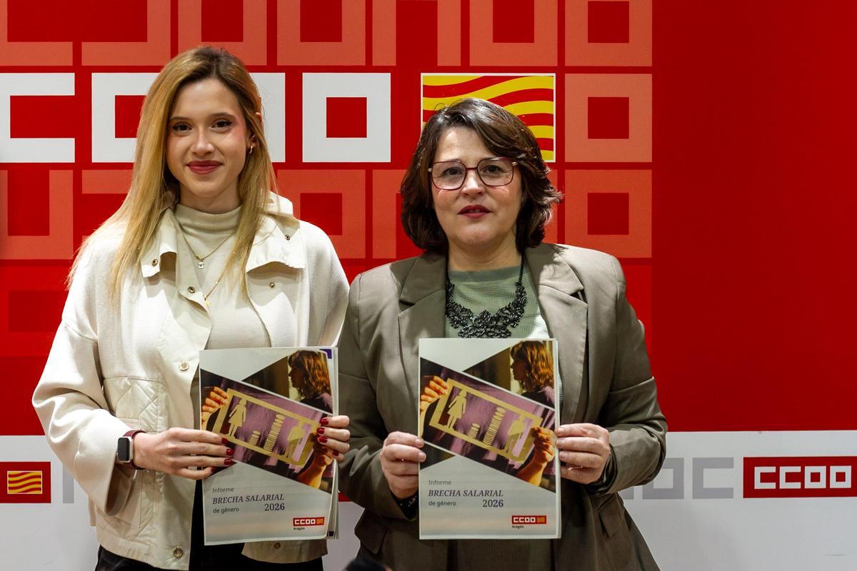 Marta Gracia, técnico de igualdad de CCOO Aragón, y Sonia García,  secretaria de Mujeres, Igualdad y Políticas Sociales del sindicato, este jueves en la presentación del informe.