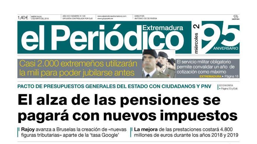 Esta es la portada de EL PERIÓDICO EXTREMADURA correspondiente al día 2 de mayo del 2018