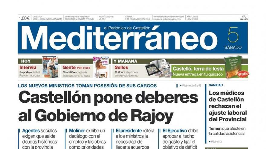 Castellón pone deberes al Gobierno de Rajoy, hoy en la portada de Mediterráneo