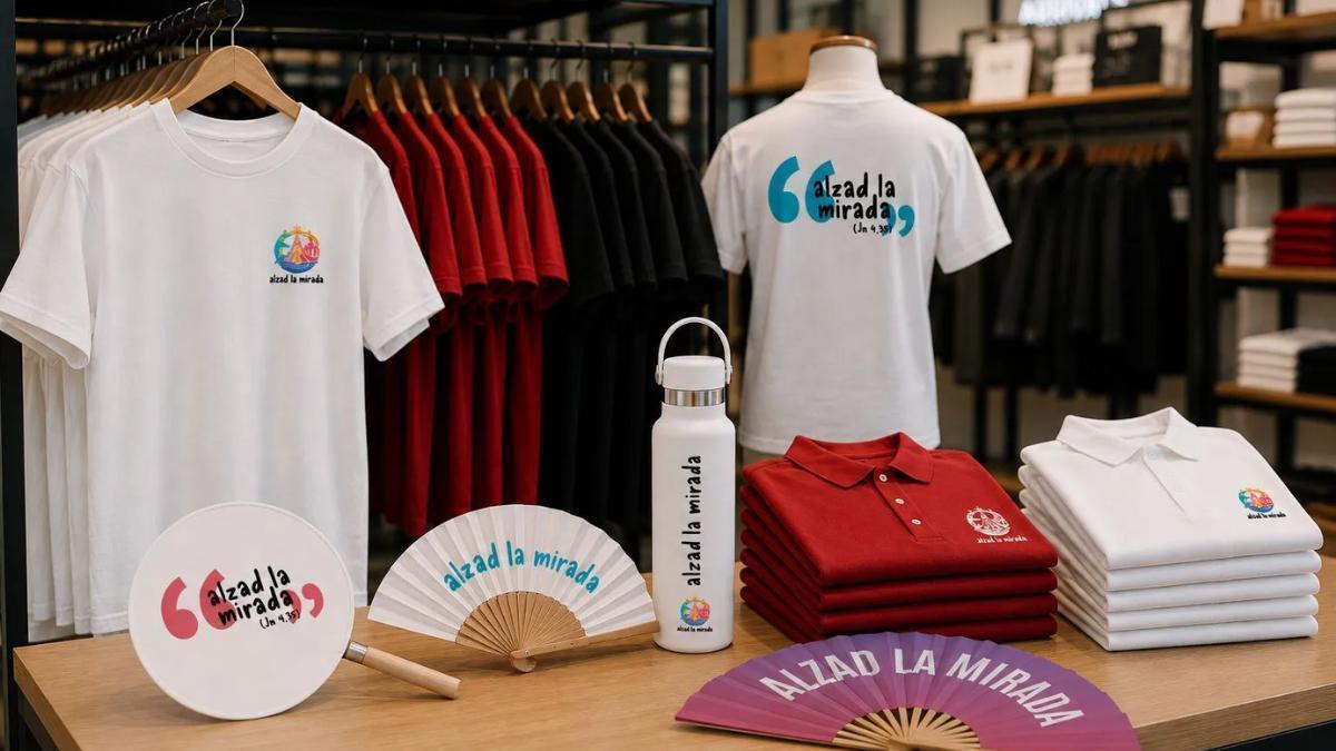 Productos del 'merchandising' oficial de la visita del Papa León XIV a España.