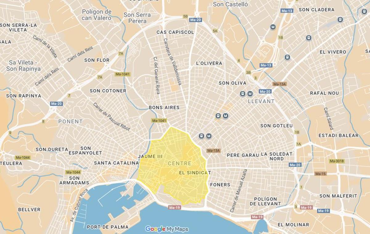 Die Umweltzone in der Altstadt von Palma ist gelb markiert.