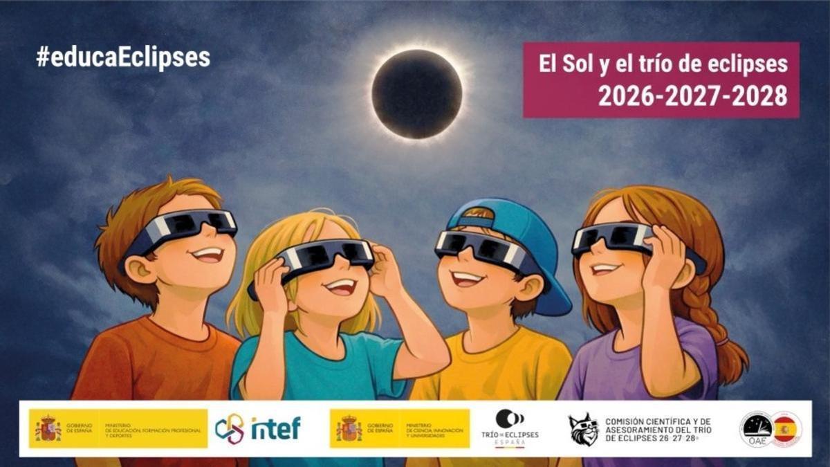 Cartel promocional sobre el eclipse 2026 y el programa Educa Eclipse.