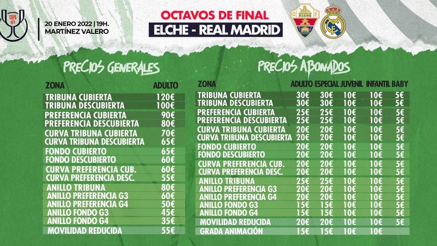 Precios de los octavos de la Copa del Rey entre Elche y Real Madrid