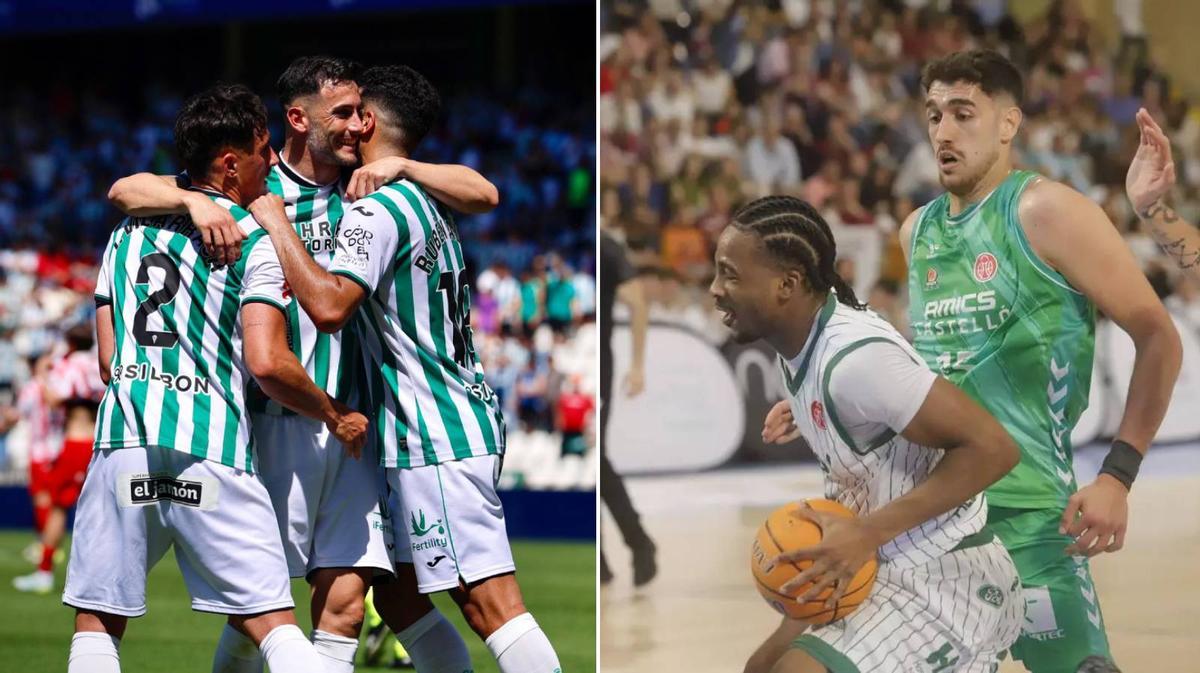 A la izquierda, la celebración de uno de los goles del Córdoba CF; a la derecha, lance del Coto-Amics Castelló.