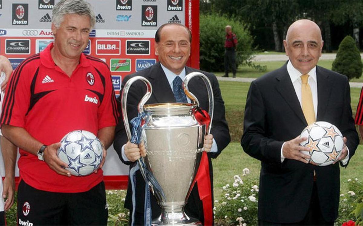 Ancelotti, Berlusconi y Galliani, en su etapa en el Milan
