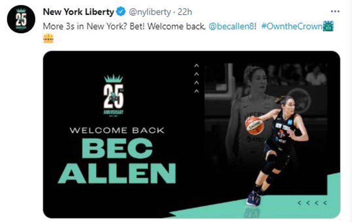 Rebecca Allen volverá a la WNBA con el New York Liberty