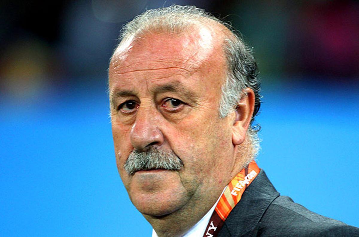 El seleccionador espanyol, Vicente del Bosque, observa atentament el desenvolupament del partit contra els alemanys.