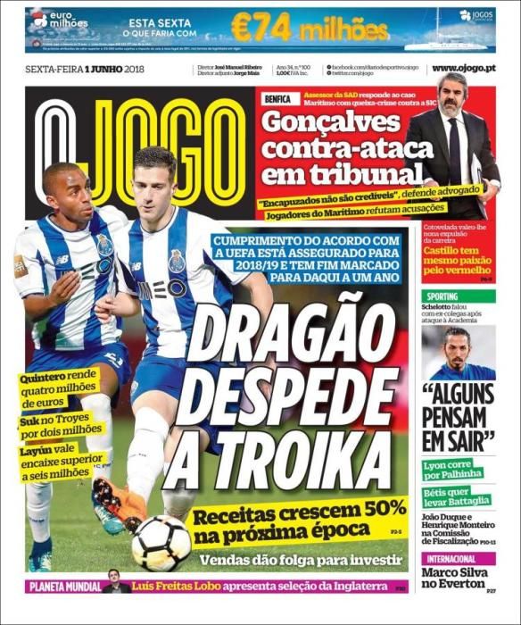 Portada O JOGO viernes 1 de junio 2018