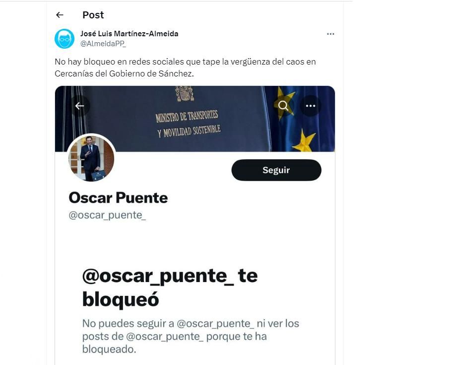 &quot;No hay bloqueos en redes sociales que tape la vergüenza del caos en Cercanías del Gobierno de Sánchez&quot; ha escrito el alcalde de Madrid, José Luis Martínez-Almeida en X.