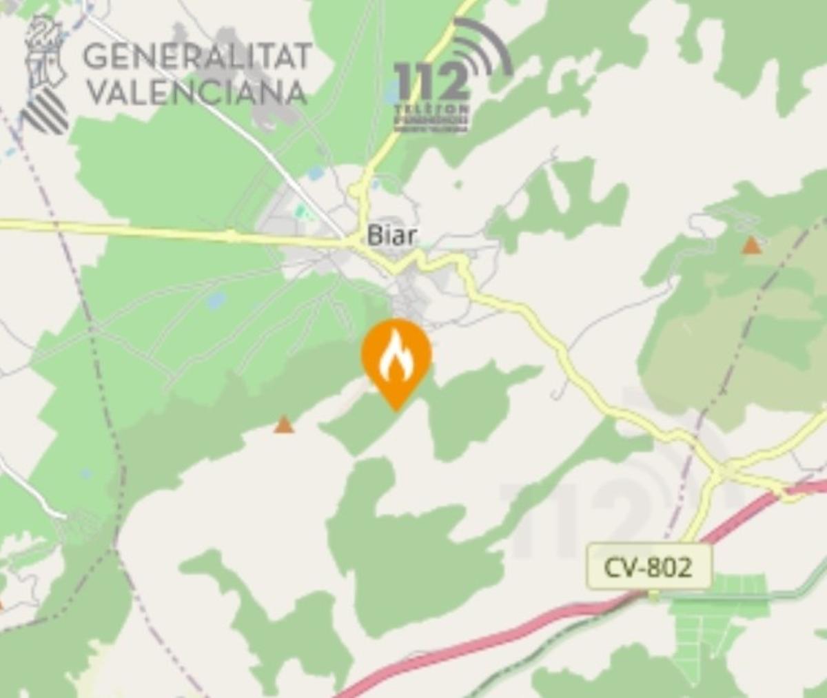Localización del incendio en Biar.