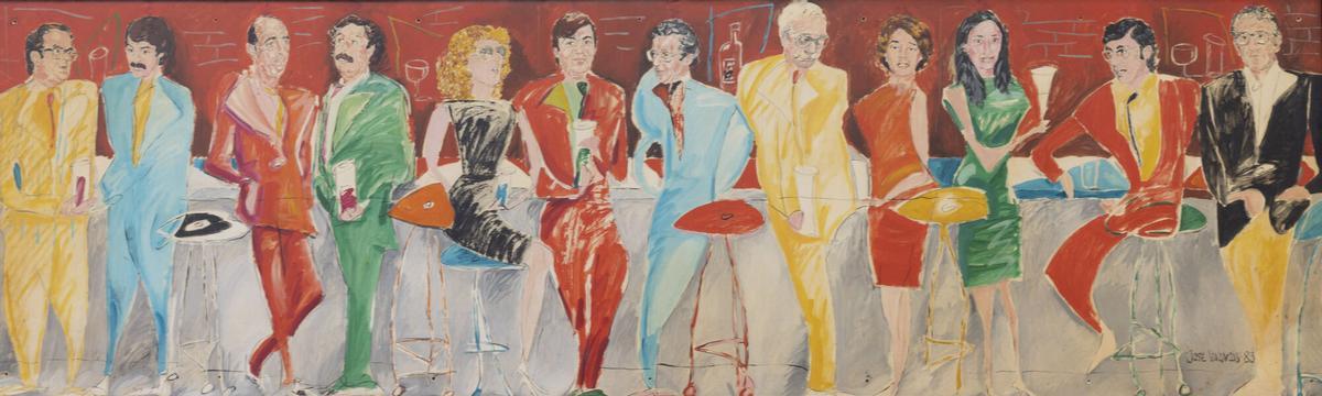 Uno de los murales, por la izquierda, Antonio Masip, Gerardo Iglesias, Teodoro López-Cuesta, Juan Cueto, Susana Estrada, Francisco Álvarez-Cascos, Gustavo Bueno, Orlando Pelayo, Corín Tellado, Carmen Gómez Ojea, Germán Ojeda y Manuel Fernández Avello.. CUADROS DE JOSE VIVANCOS QUE ESTABAN EL EL PUB PICK UP.