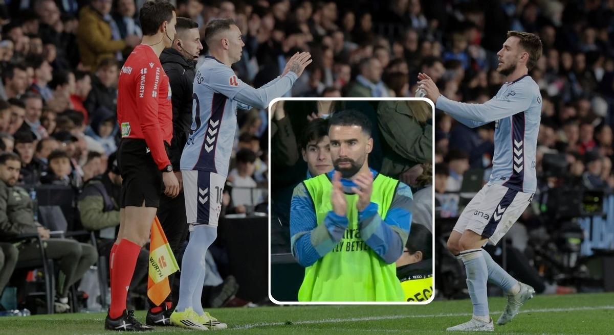 Carvajal aplaudiendo en el momento en el que Iago Aspas saltaba al terreno de juego en el Celta-Real Madrid