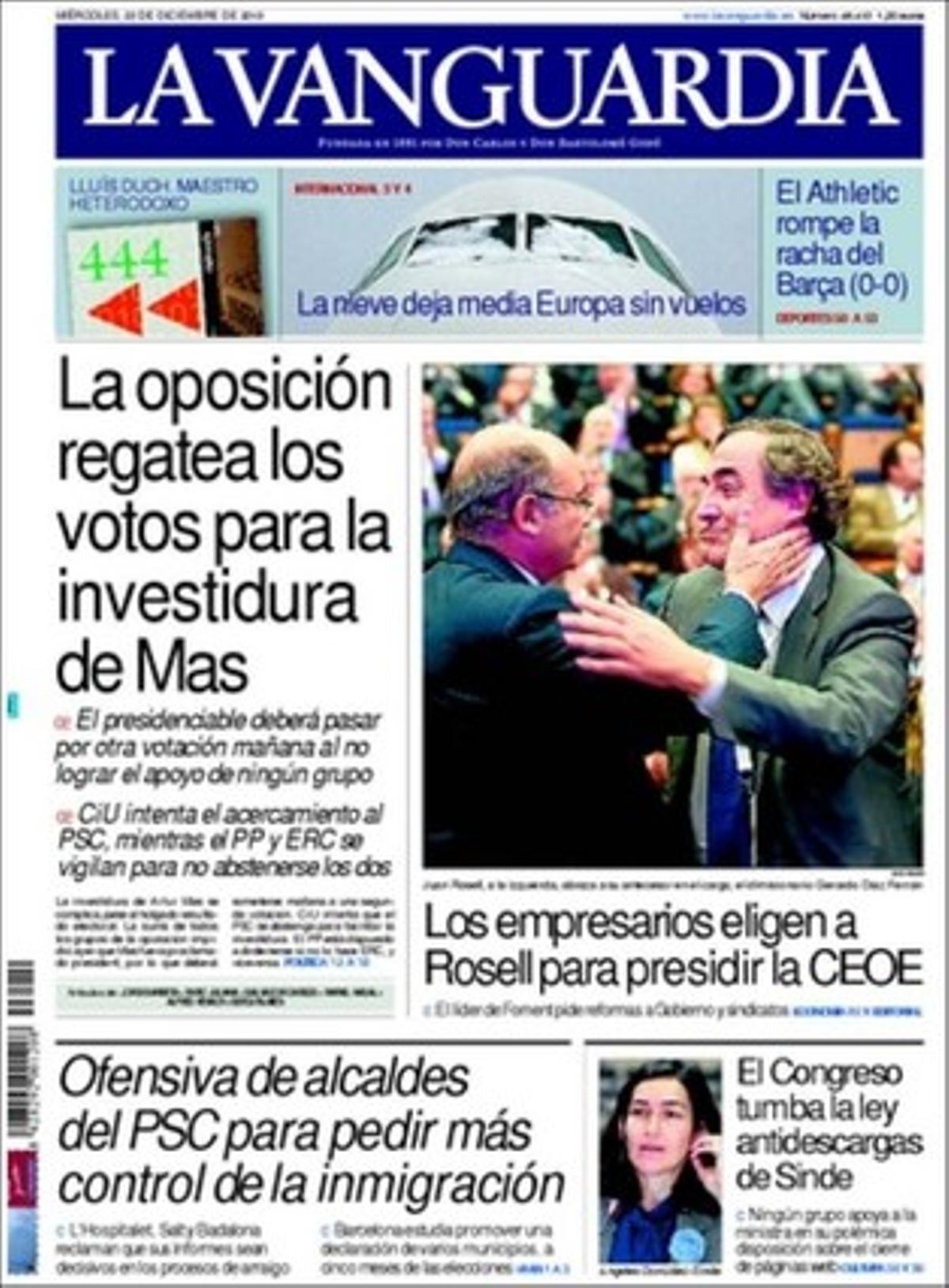 ’La Vanguardia’ destaca a més en pàgines interiors que Rajoy diu que escoltarà la gent abans de derogar el matrimoni gai; que els EUA creen dues classes d’accés a pàgines web; que la Xina promet suport a l’eurozona amb la compra de deute sobirà, i que Indústria retalla les primes a la solar per contenir la tarifa elèctrica.