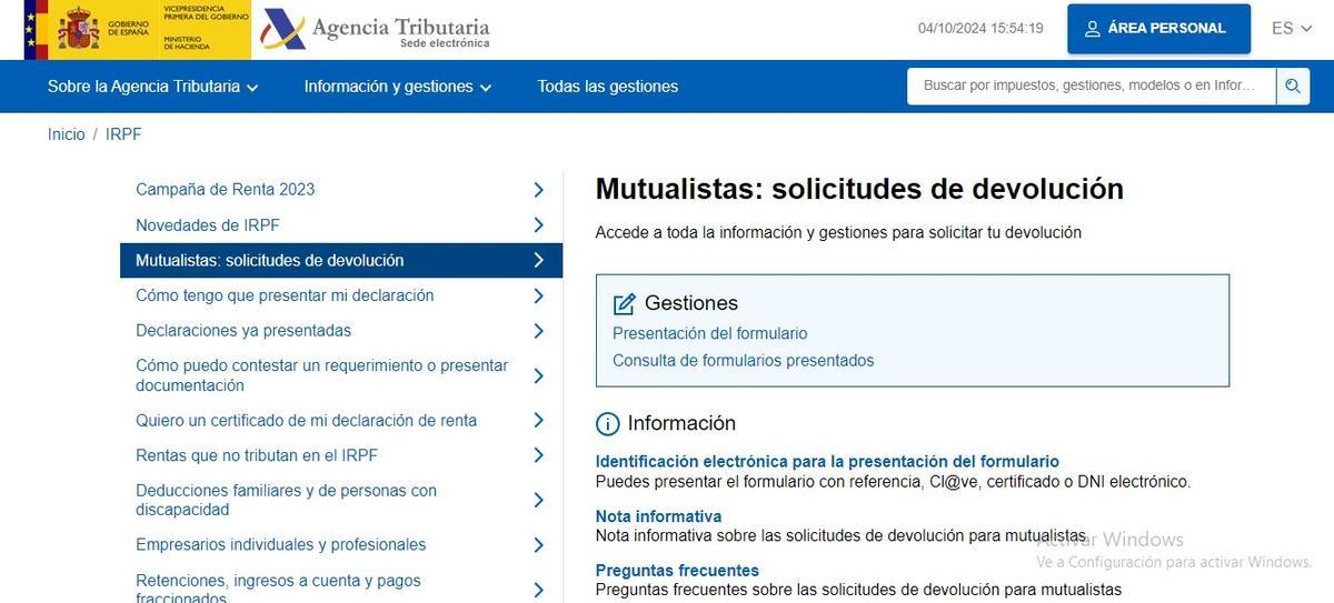 La página web habilitada por Hacienda.