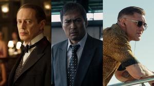 De izquierda a derecha, Steve Buscemi en Boardwalk Empire, Ken Watanabe en Tokyo vice y Tom Hardy en Tierra de mafiosos