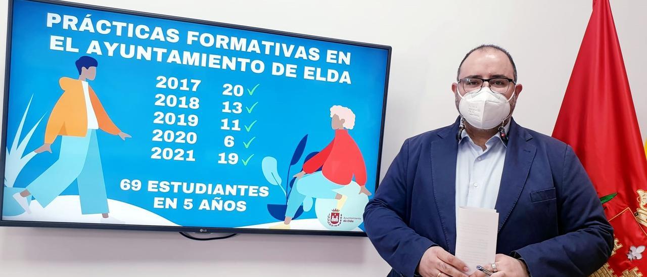 El concejal Jesús Sellés junto al gráfico de las prácticas formativas en el Ayuntamiento de Elda.