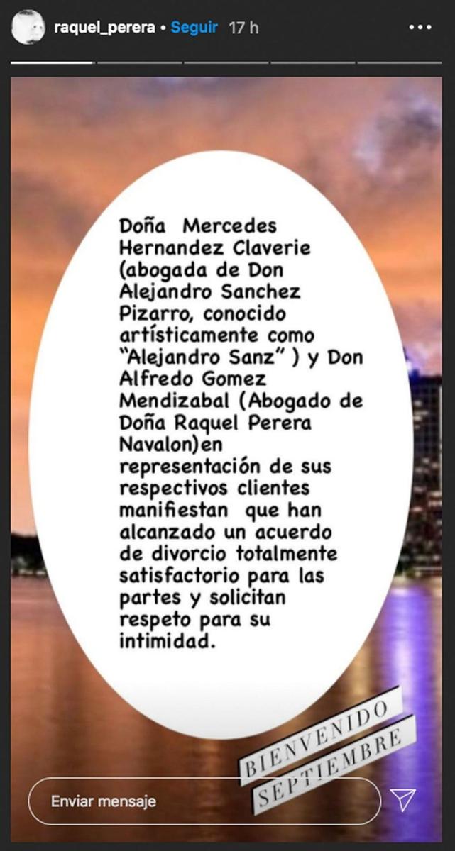 Raquel Perera confirma su acuerdo de divorcio con Alejandro Sanz