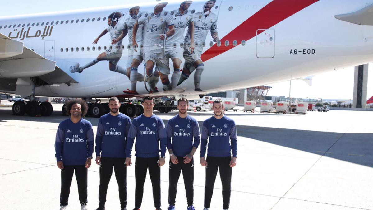 Marcelo, Benzema, Cristiano Ronaldo, Sergio Ramos y Bale, en el acto promocional de Emirates