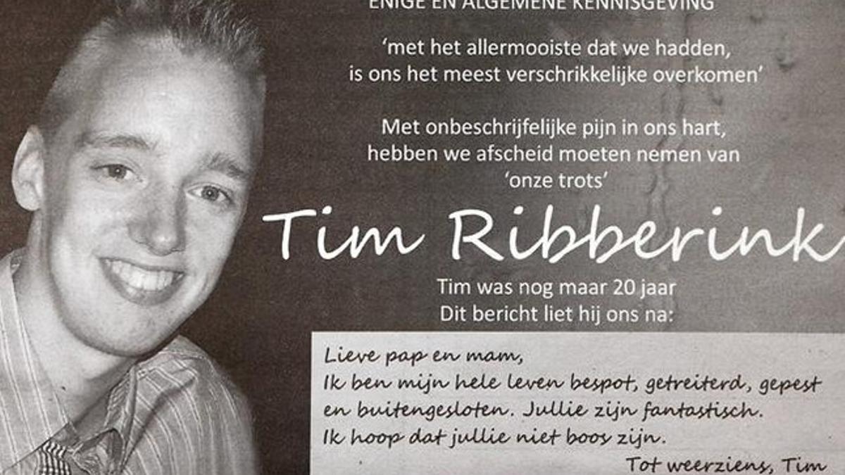 La esquela de Tim Ribberink, con parte de su carta de despedida.