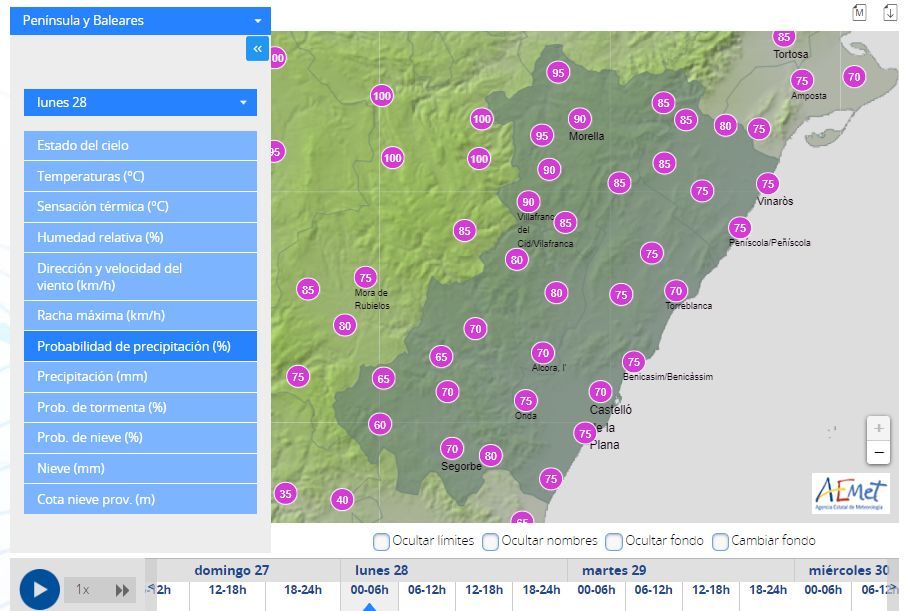 Probabilidades de lluvia en Castellón a primera hora de la mañana del lunes.