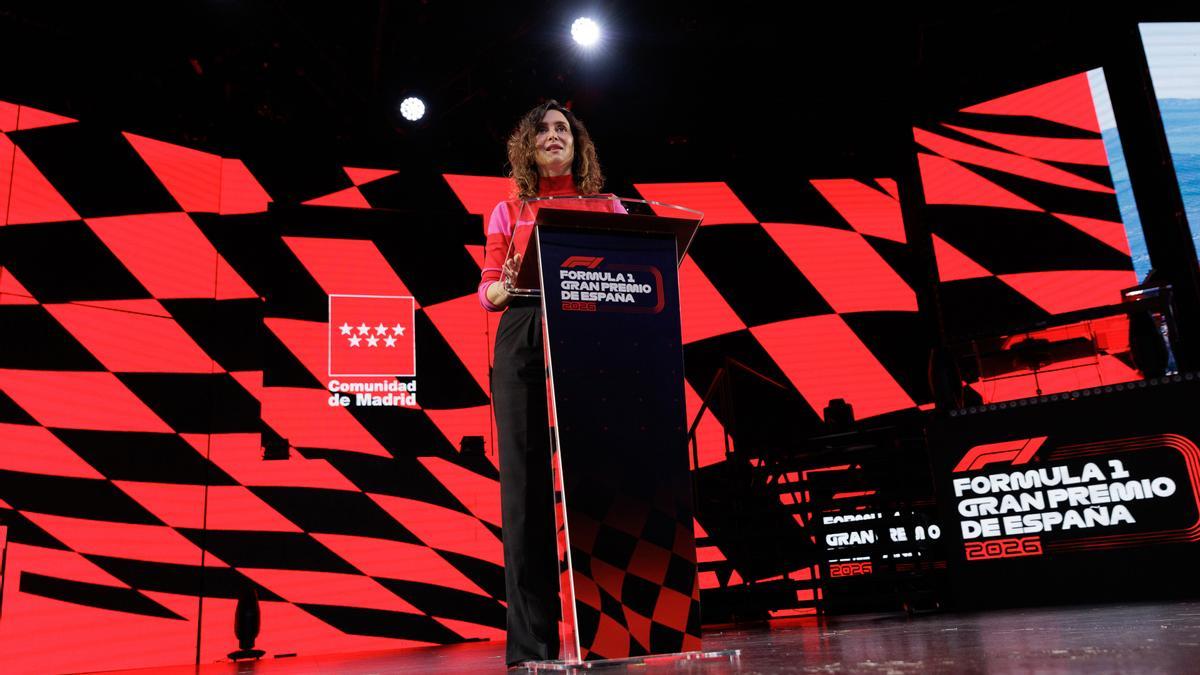 Isabel Diaz Ayuso, President of the Community of Madrid, attends during the presentation of the Formula One Madrid Grand Prix that will be held in Madrid starting in 2026 at IFEMA on January 23, 2024, in Madrid, Spain.