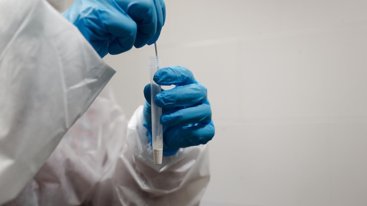 Una trabajadora sanitaria sostiene un test de antígenos.