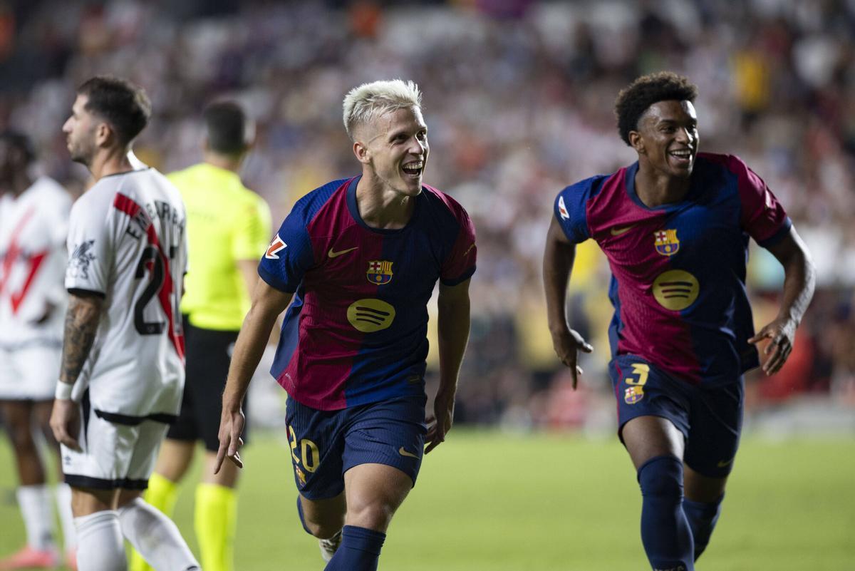 Dani Olmo y Alejandro Balde en el partido de la primera vuelta ante el Rayo Vallecano.