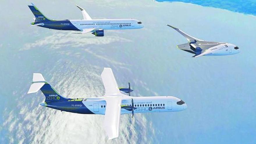 Airbus ha presentado tres
tecnologías de aviones de
hidrógeno: motor a reacción,
turbohélice y ala mixta.  airbus