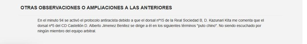 El acta del Real Sociedad B - CD Castellón en la que se especifica el protocolo antirracista