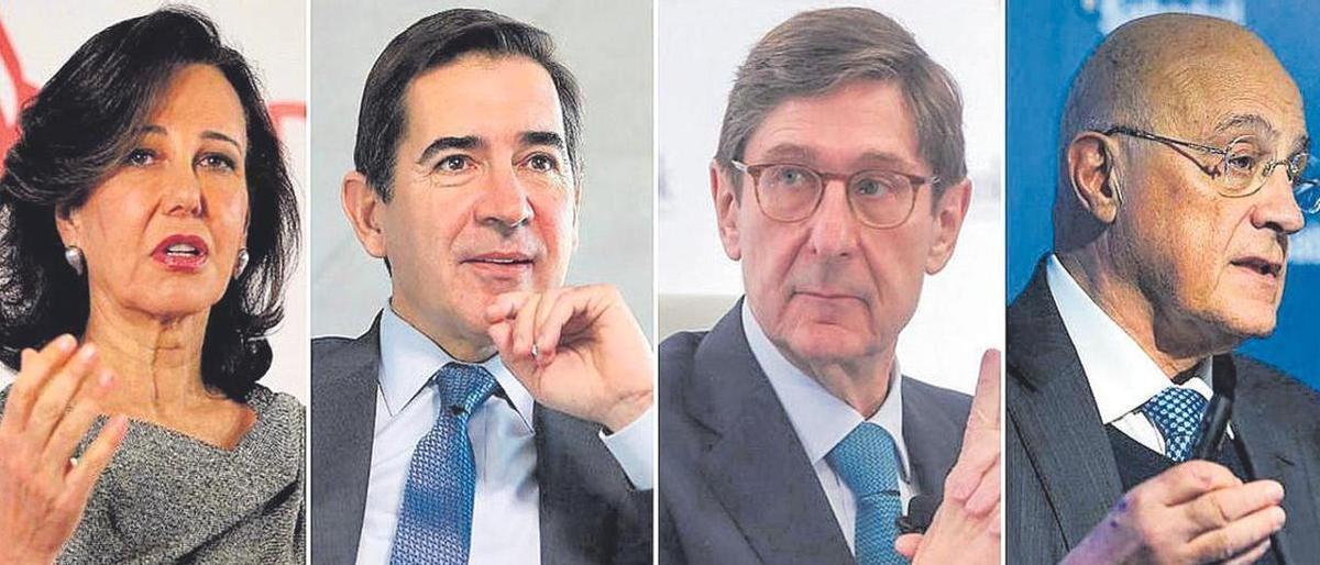Los presidentes de los mayores bancos españoles, Ana Botín (Santander), Carlos Torres Vila (BBVA), José Ignacio Goirigolzarri (CaixaBank) y Josep Oliu (Sabadell).