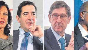Los presidentes de los mayores bancos españoles, Ana Botín (Santander), Carlos Torres Vila (BBVA), José Ignacio Goirigolzarri (CaixaBank) y Josep Oliu (Sabadell).