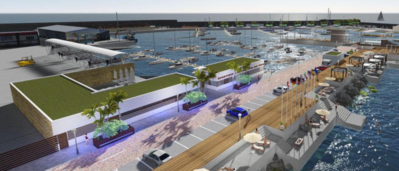 Boceto del proyecto del nuevo puerto de Arguineguín, con atraques, terrazas y zonas de aparcamiento.