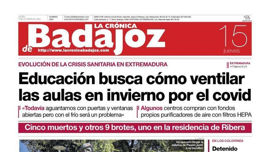 Esta es la portada de LA CRÓNICA DE BADAJOZ correspondiente al día 15 de octubre del 2020