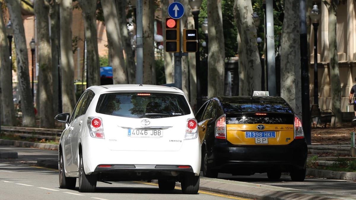 Un taxi y un vehículo en el paseo Picasso de Barcelona.