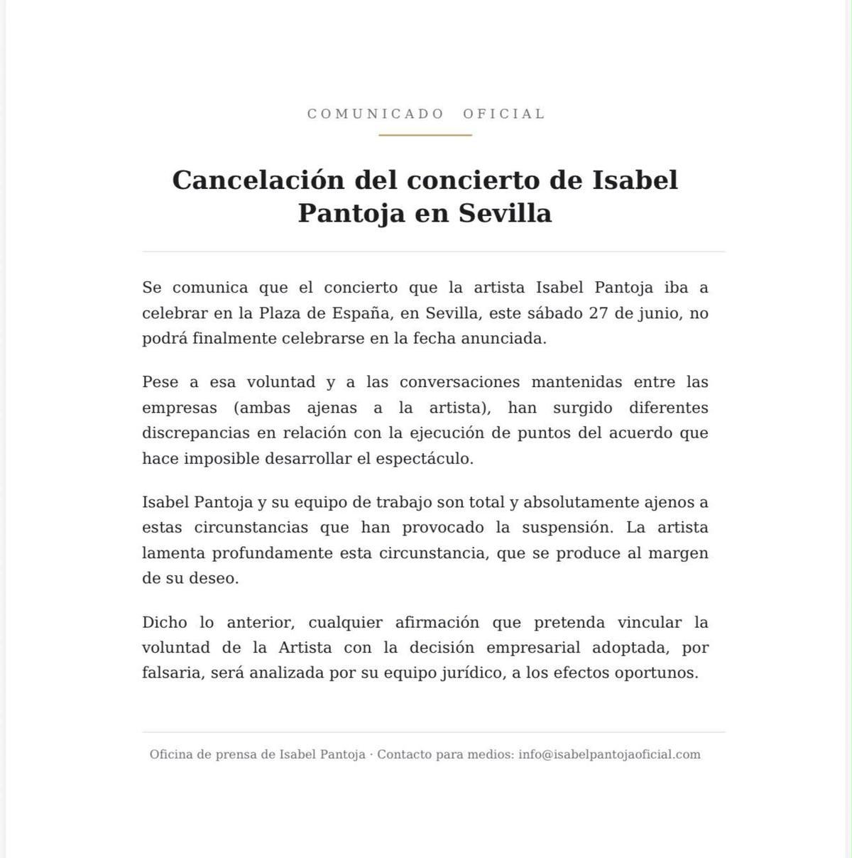 Comunicado de Isabel Pantoja dirigido a los medios de comunicación