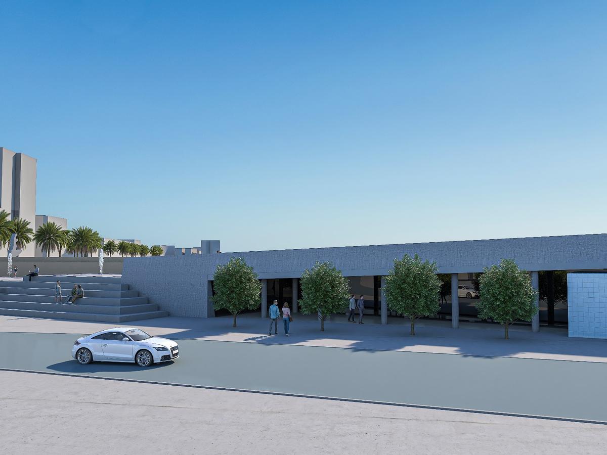 Recreación virtual de la obra de la pasarela, que además contempla la construcción de dependencias municipales aprovechando el hueco del paredón y el paseo elevado