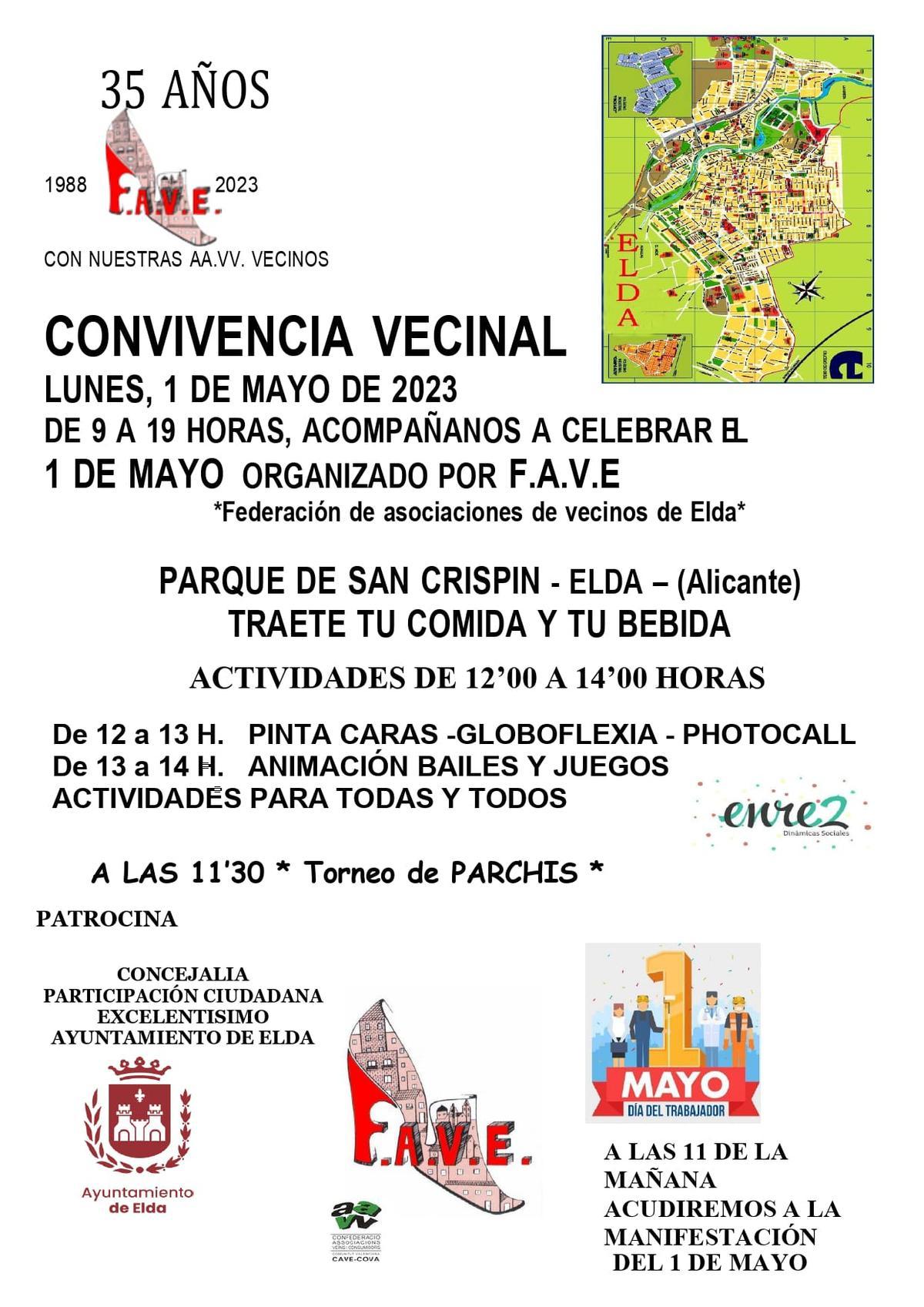 El cartel de convivencia vecinal para celebrar el Día del Trabajador en Elda.