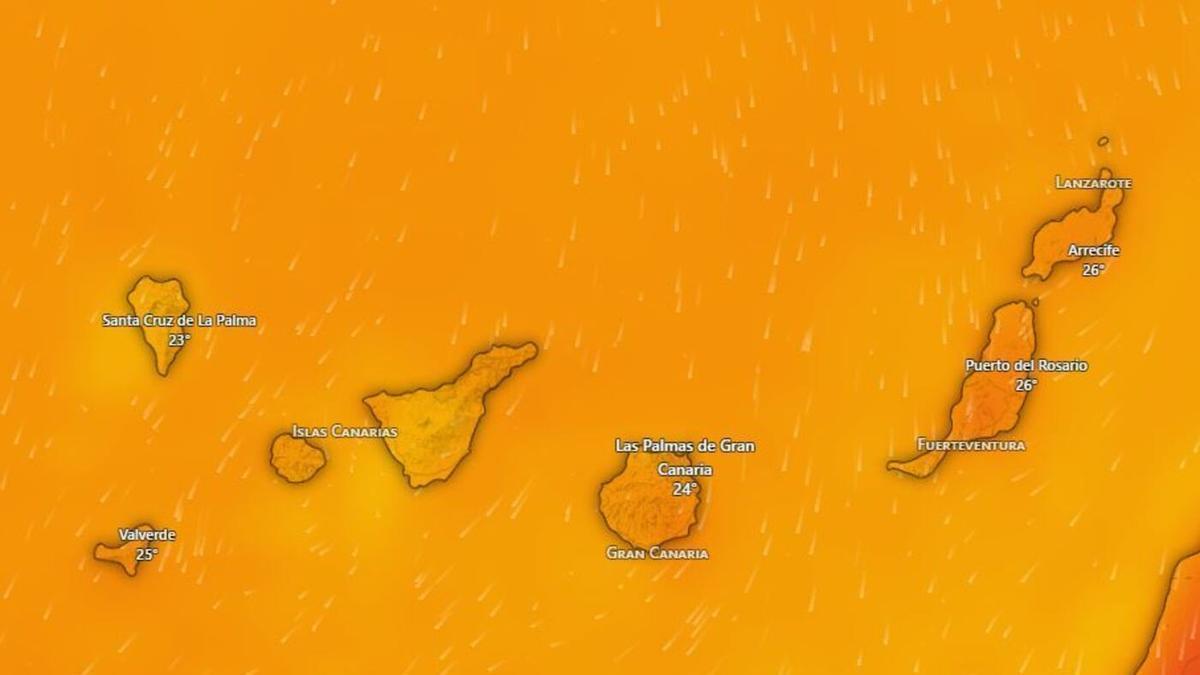 Temperaturas previstas en Canarias para las 16.00 horas del lunes 17 de agosto de 2026, según Windy