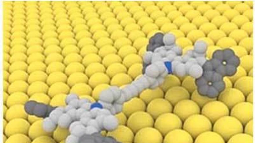 Imagen de un monoplaza de Fórmula 1 comparada con la estructura de un vehículo molecular sintetizado en el laboratorio del profesor Feringa (Groningen, Holanda), un billón de veces más pequeño, desplazándose sobre una superficie formada por átomos de oro.